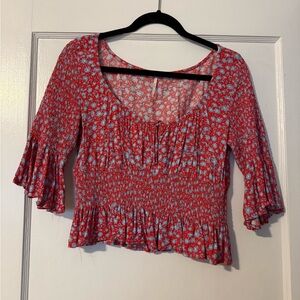 Free People A Bit of Something Red Floral Ruffle Blouse